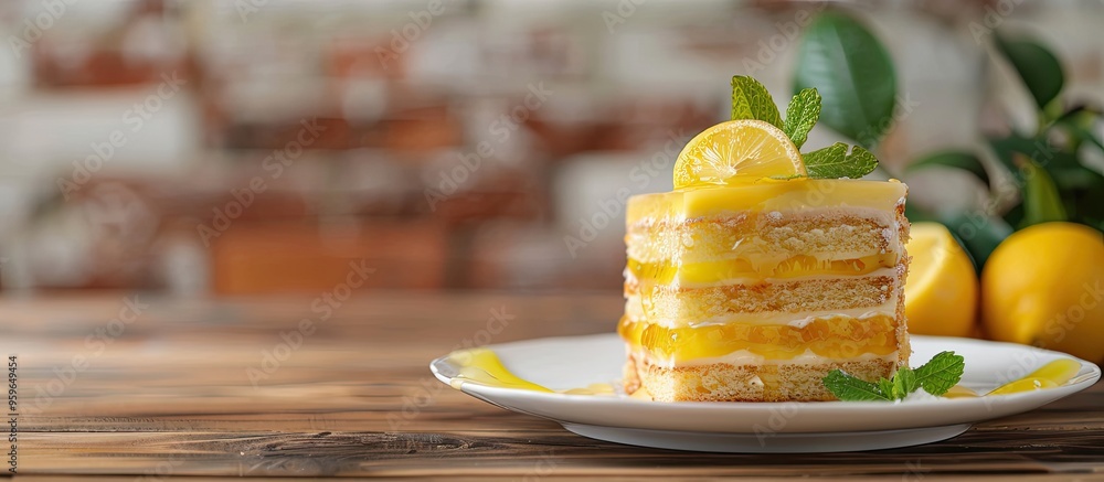 Poster lemon multi layer cake adorned with citron jelly and mint placed on a white plate against a wooden b