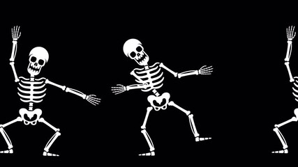 Funny dancing skeletons move in a row. Halloween cartoon skeletons. Looped animation with alpha channel.