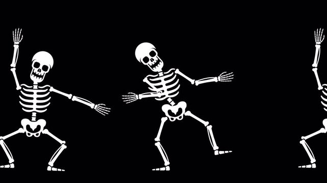 Funny dancing skeletons move in a row. Halloween cartoon skeletons. Looped animation with alpha channel.