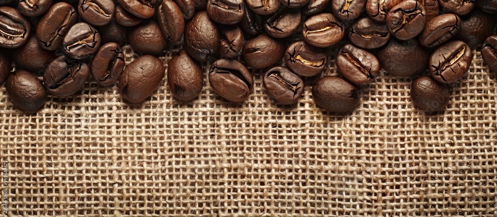Aufkleber coffee beans on coarse burlap. copy space image. place for adding text and design