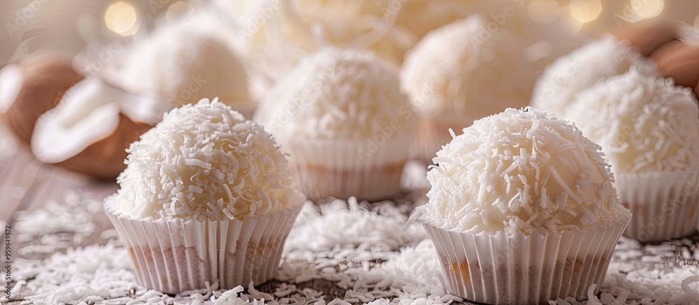 Poster cakes covered in coconut shavings selective focus. copy space image. place for adding text and desig