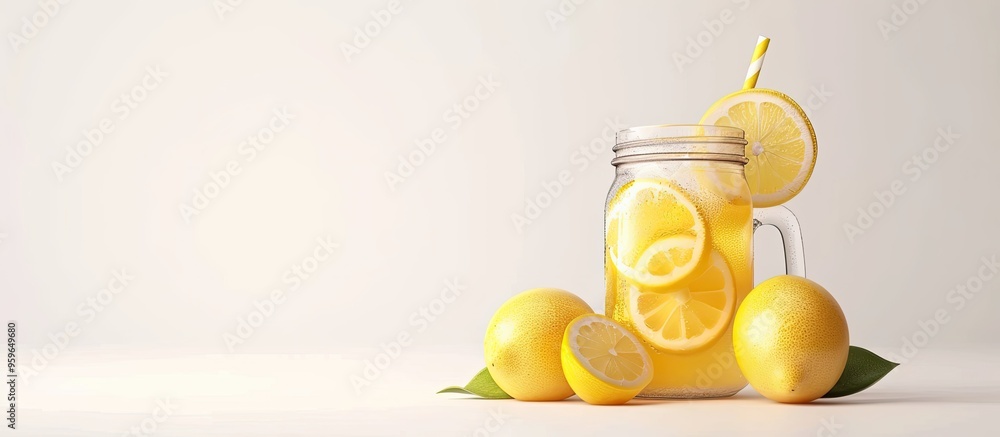 Poster mason jar filled with lemonade accompanied by lemons and a straw set against a white background beve