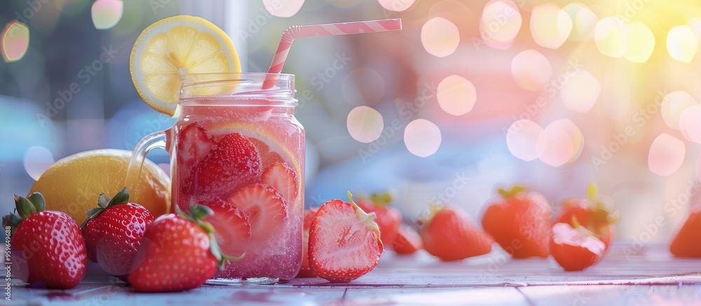 Poster strawberry smoothie sliced into pieces with a lemon slice in a glass jar featuring a drinking straw 