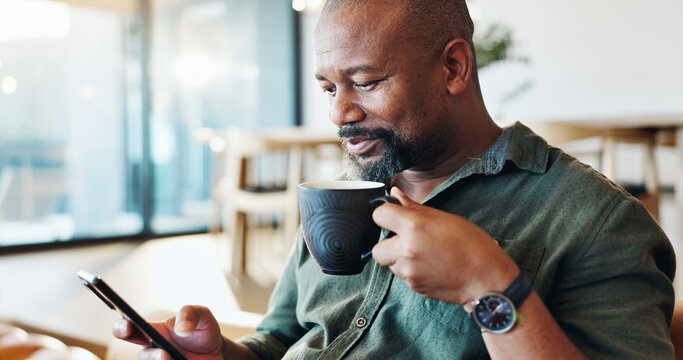 Mature black man, phone and coffee in home with thinking, smile and reading email notification in morning. Person, smartphone and happy with tea, news and scroll on social media with mobile app