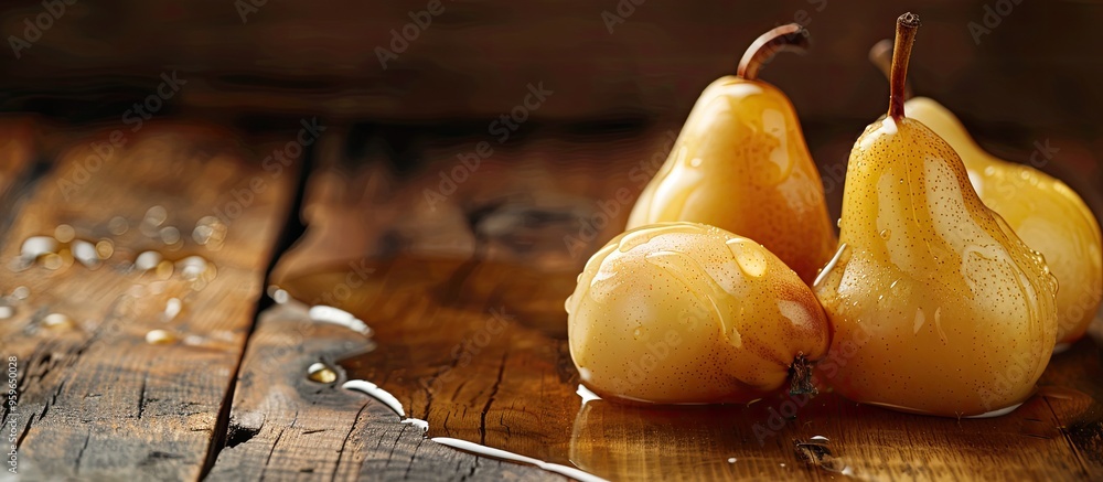 Aufkleber delicious pears in honey sauce on a wooden surface. copy space image. place for adding text and desi
