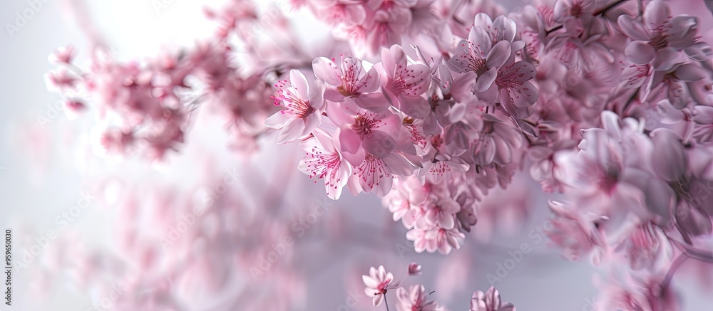 Poster pink spring blooms on white. copy space image. place for adding text and design