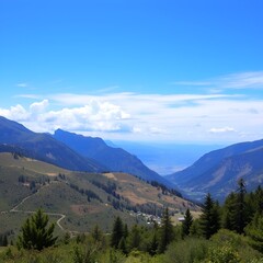 Fototapeta premium A scenic view of a mountain range alongside a winding road, showcasing nature's beauty and tranquility.