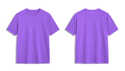 Purple T shirt mockup, front and back view. Blank clothing template for design, branding, or...