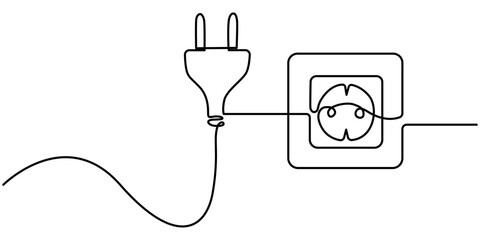 Plug inserted into electric outlet in continuous line art drawing style. Power plug and socket minimalist black linear sketch isolated on white background. Pro Vector illustration
