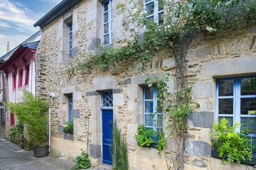 Treguier, old city in Brittany, typical street and houses
