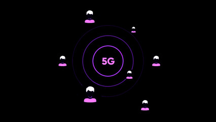 Fototapeta premium 5G network digital concept, high speed internet network communication technology. Design. Spreading signal among people silhouettes.