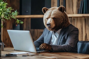 A man with a bear's head works on a laptop. A businessman with a bear's head. A bear crypto investor works on a computer.