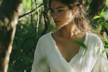 Naklejka premium A young beautiful girl with long hair in white linen clothing. Natural beauty, nature's aesthetics. A photo of a natural girl in the outdoors.