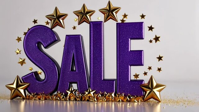 Festive Sale sign with purple letters and gold stars, perfect for promoting holiday discounts, Christmas, New Year, and Black Friday sales events