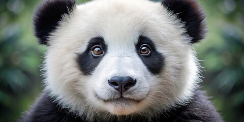 Obraz premium A photo image of a cute and fluffy panda bear's face with big eyes and black and white fur.