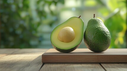 Fresh avocados on a wooden board, one cut in half, showcasing its creamy texture and seed, surrounded by a natural green backdrop.