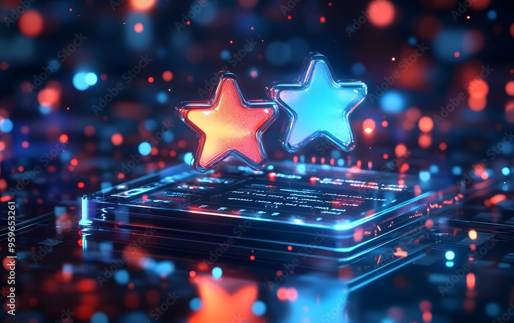 Poster colorful digital stars float above a glowing surface, creating a vibrant and futuristic atmosphere w