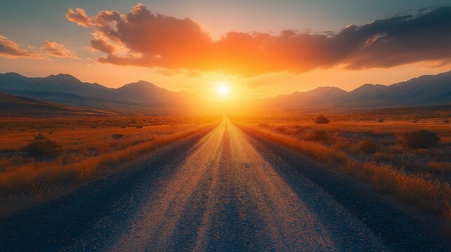 The open road through a desert at sunset with JOURNEY BEGINS written across the path, symbolizing new adventures and the start of a quest 