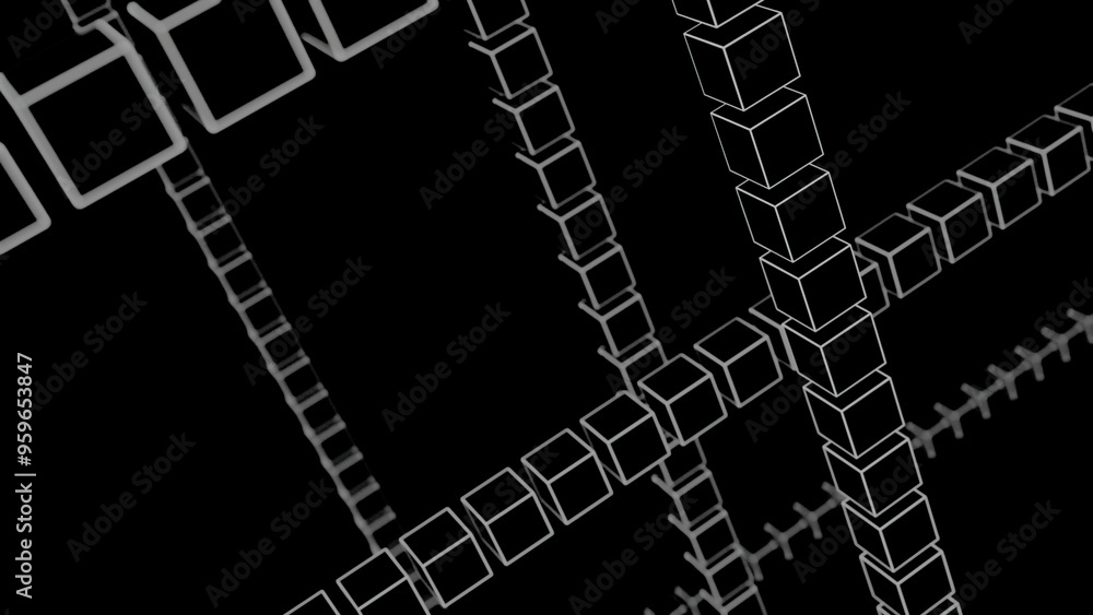 Poster abstract silhouettes of small cubes in row isolated on a black background. design. flying 3d rows of