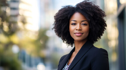 Portrait of a beautiful black afro american woman in suit outdoors with a blurry business center in backdrop
