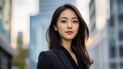 Obraz premium Portrait of a beautiful Asian woman in suit outdoors with a blurry business center in backdrop