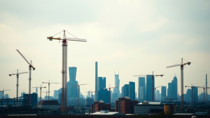 Obraz premium Construction cranes stand tall against a skyline of skyscrapers.