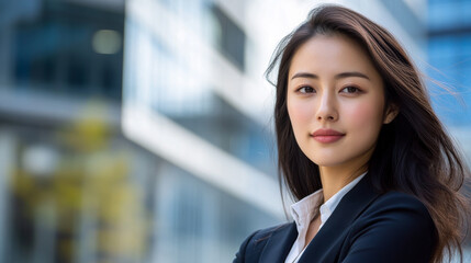 Naklejka premium Portrait of a beautiful Asian woman in suit outdoors with a blurry business center in backdrop