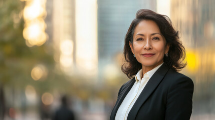 Naklejka premium Portrait of a mature middle-aged hispanic latina woman in suit outdoors with a blurry business center in backdrop