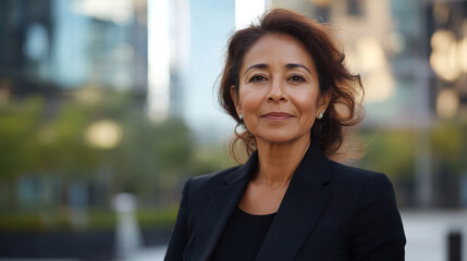 Portrait of a mature middle-aged hispanic latina woman in suit outdoors with a blurry business center in backdrop