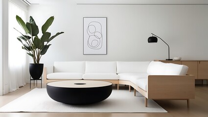 Minimalist interior design of modern living room with abstract art frame. Japanese home interior design of modern living room