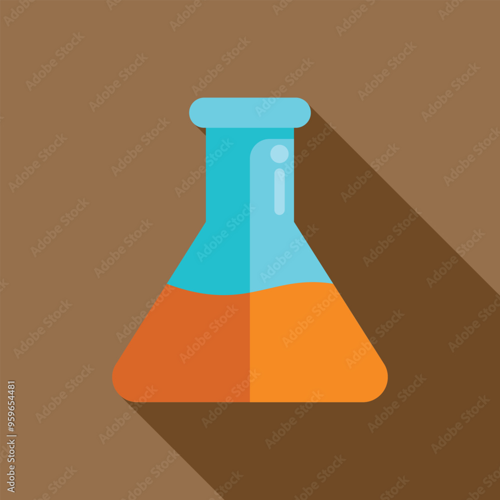 Poster minimalist icon of an erlenmeyer flask containing orange liquid, casting a long shadow on a brown ba