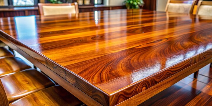 A richly finished wooden table boasts a deep caoba glow, its surface smooth and glossy, with visible grain patterns and a warm, inviting ambiance.