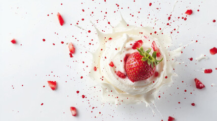 Fresh strawberry splashing into creamy yoghurt isolated on white background.