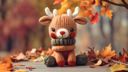 Knitted cute deer on natural autumn background. Cozy seasonal background	