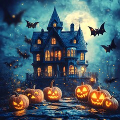A spooky Halloween night featuring a haunted house and a glowing jack-o'-lantern, casting an eerie glow in the dark. A mystical forest setting