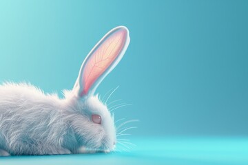 Fototapeta premium Side angle perspective showcasing a pristine white rabbit ear positioned against a serene pastel blue surface, capturing the essence of Easter day through a captivating 3D render