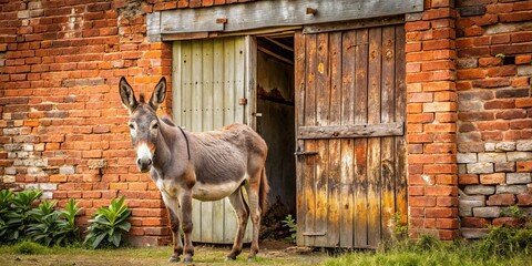 a photo image of a donkey standing in front of a dilapidated barn with worn brick walls and rusty corrugated metal