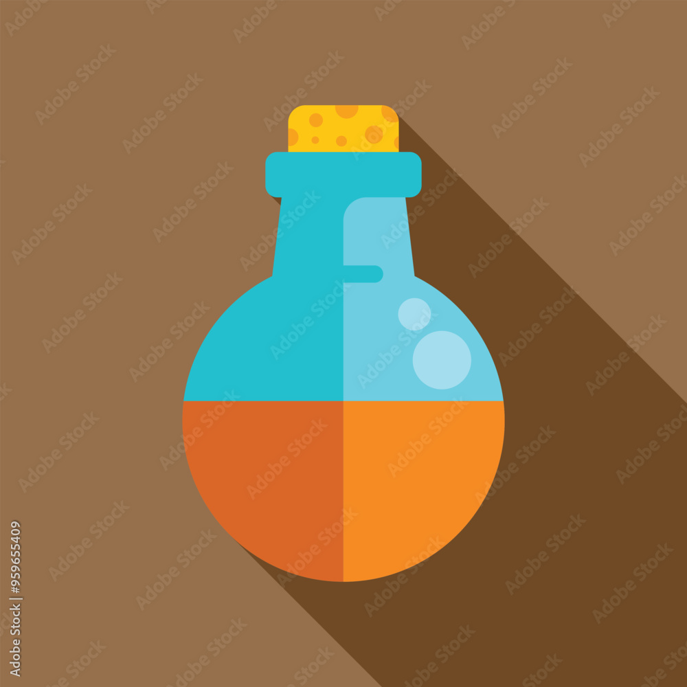 Poster round bottom flask with a cork containing an orange chemical liquid is bubbling in a lab setting