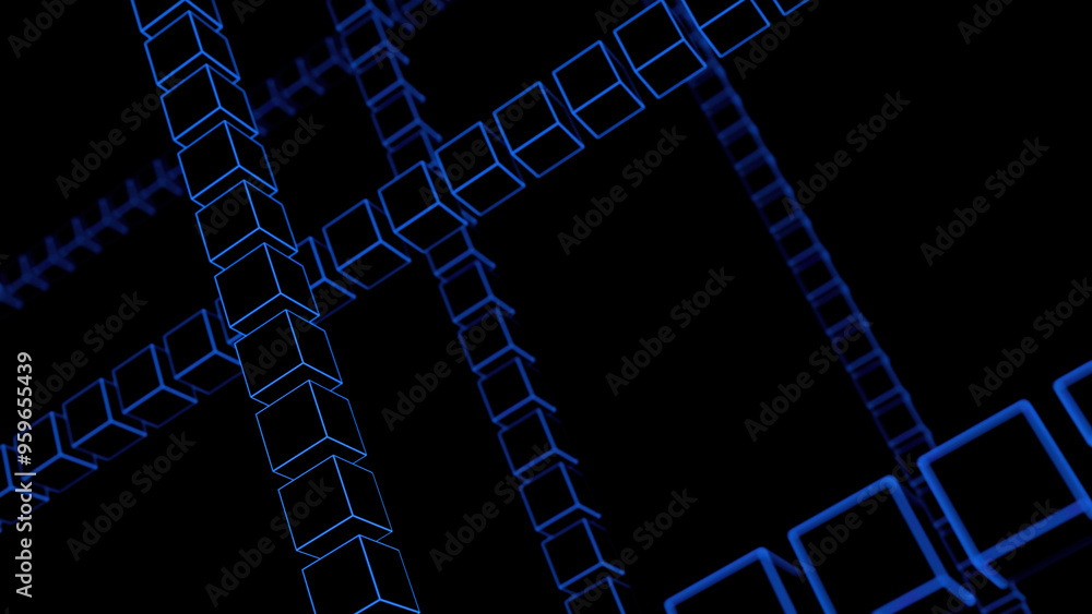 Poster geometric pattern with cubes in rows on a black background. design. 3d figures flowing in dark space