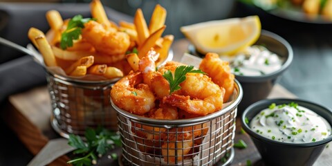 Shrimp and potato fries presented in metal baskets accompanied by tartar sauce.