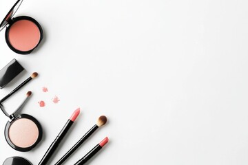 Makeup products and cosmetics on a white background with copy space