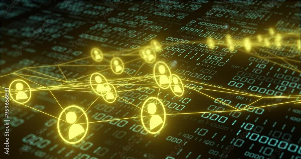 Poster network of connected user icons and binary code, data communication animation
