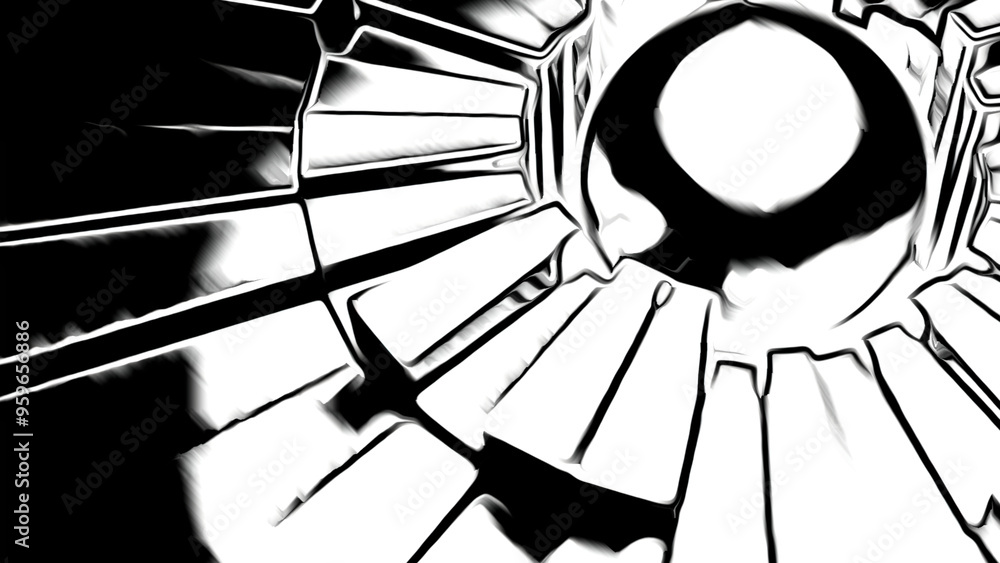 Poster monochrome spinning mechanism with a sphere. media. rotating 3d ball and rectangular shapes looking 