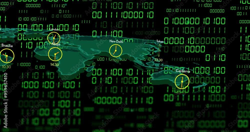 Poster World map with clocks showing different time zones over binary code animation