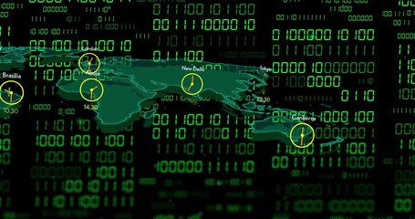 World map with clocks showing different time zones over binary code animation - Powered by Adobe