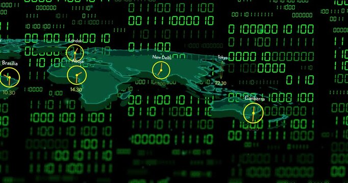 World map with clocks showing different time zones over binary code animation - Powered by Adobe