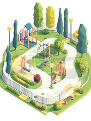 Isometric Illustration of a Playground with Colorful Equipment.