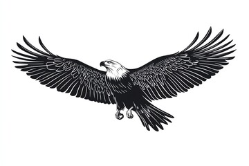 Black and white illustration of a bald eagle in flight.