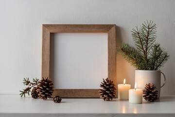 Small square wooden frame mockup with hanging pine branch, pinecone and candles on shelf on empty white wall background. Minimal Christmas interior decoration