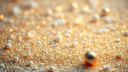 Shiny golden bauble on glittery surface
